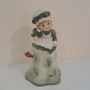Vintage 1960s Porcelain Cottagecore  Shamrock Bisque Irish Lass Hand Bell.